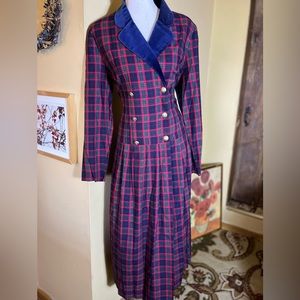 Vtg LANZ of Salzburg Size 16 Plaid Maxi Dress VelvetCollar Military Holiday Red